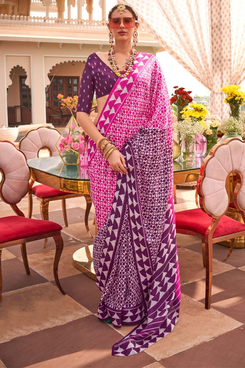 Rani Pink and Wine Mercerized Silk Saree with Patola Print