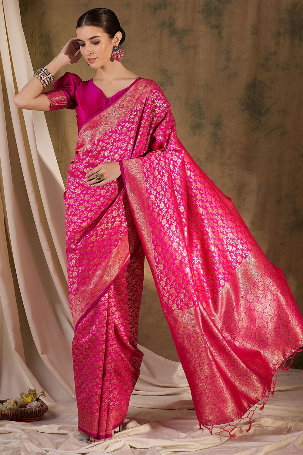 Rani Pink Banarasi Silk Woven Saree for Festival