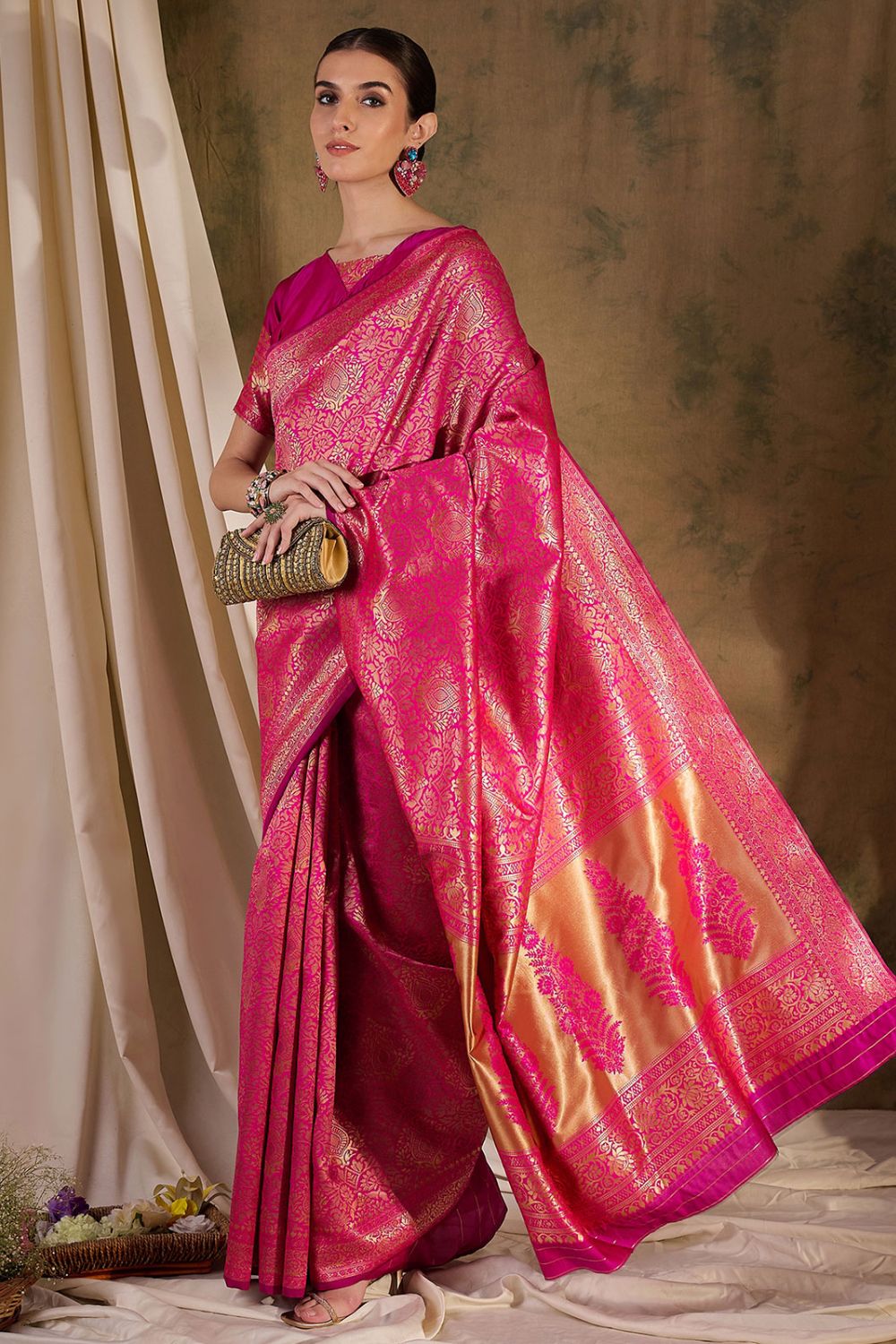 Rani Pink Banarasi Silk Woven Saree for Festival