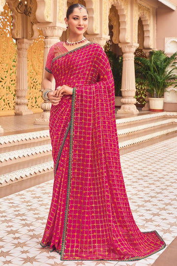 Rani Pink Bandhani Print Georgette Chiffon Saree for Party