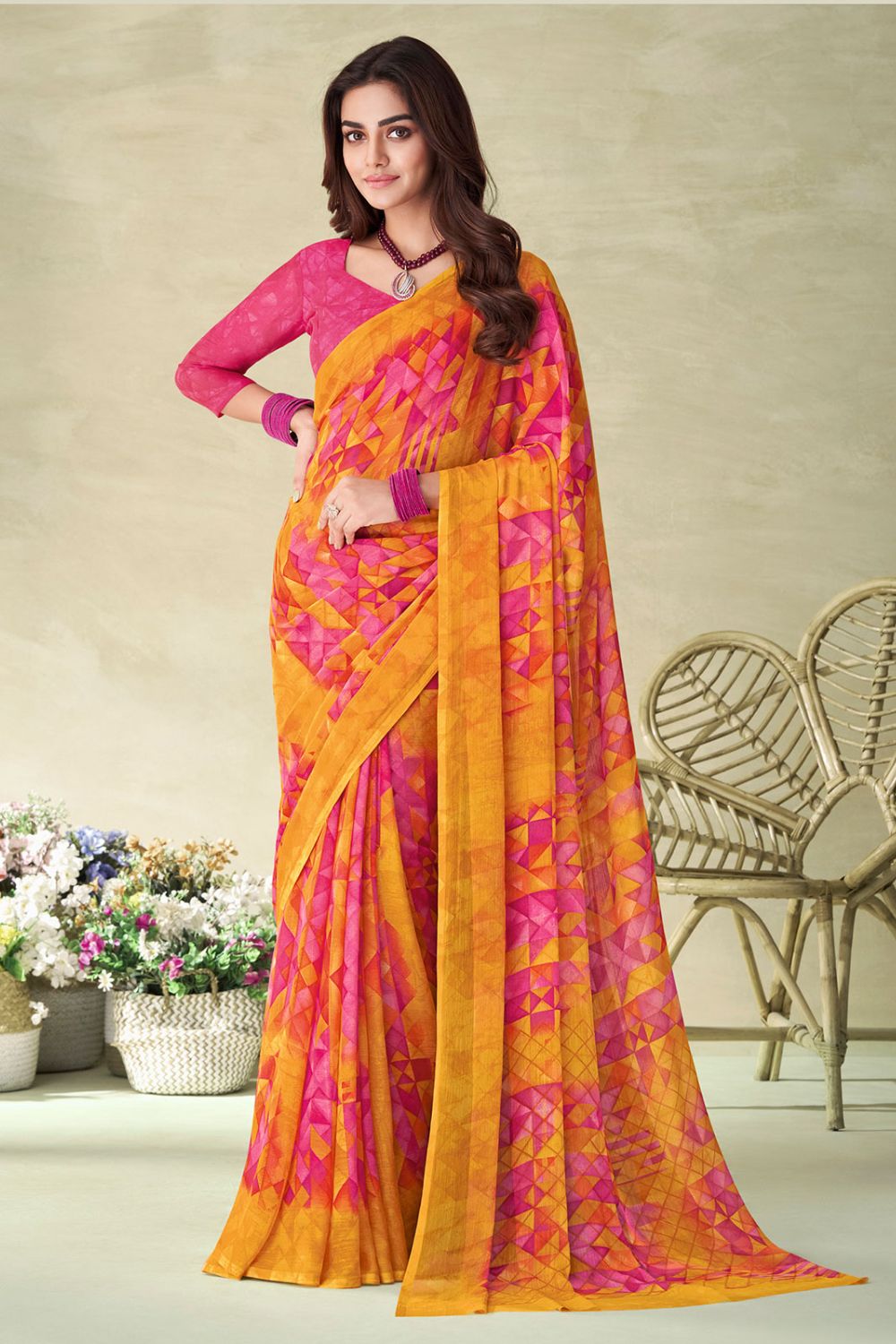 Rani Pink Chiffon Printed Casual Wear Saree