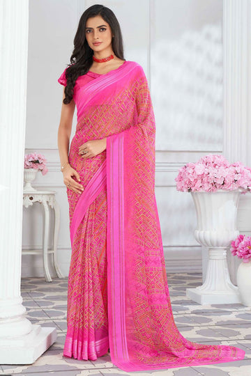 Rani Pink Georgette Saree with Digital Print