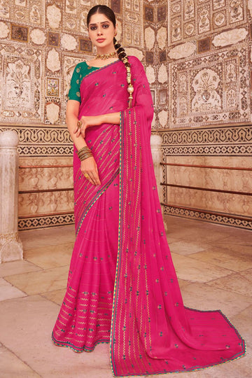 Rani Pink Chiffon Saree with Embroidery Work