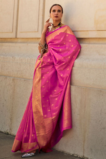 Rani Pink Handloom Spun Silk Woven Saree for Party