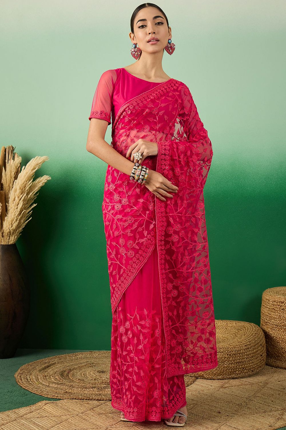 Rani Pink Net Embroidered Saree for Party