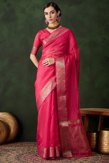 Rani Pink Organza Saree for Party