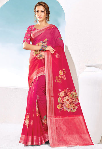 Rani Pink Organza Silk Printed Saree