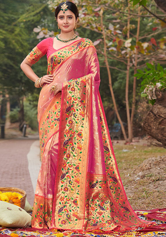 Rani Pink Paithani Silk Zari Weaving Work Saree