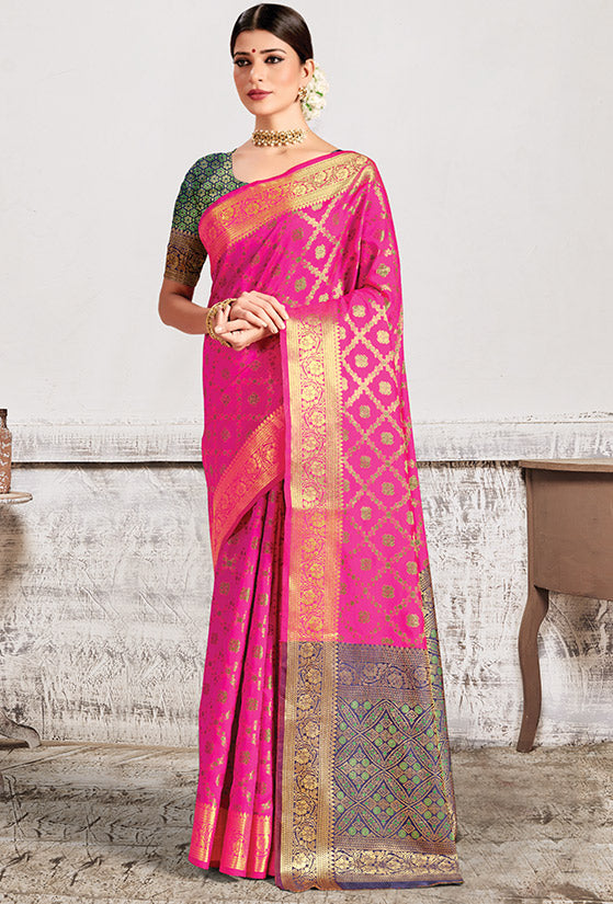 Rani Pink Patola Silk Party Wear Saree with Contrast Blouse