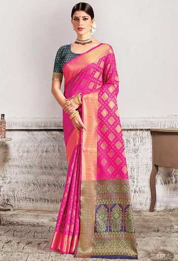 Rani Pink Patola Silk Party Wear Saree with Contrast Blouse