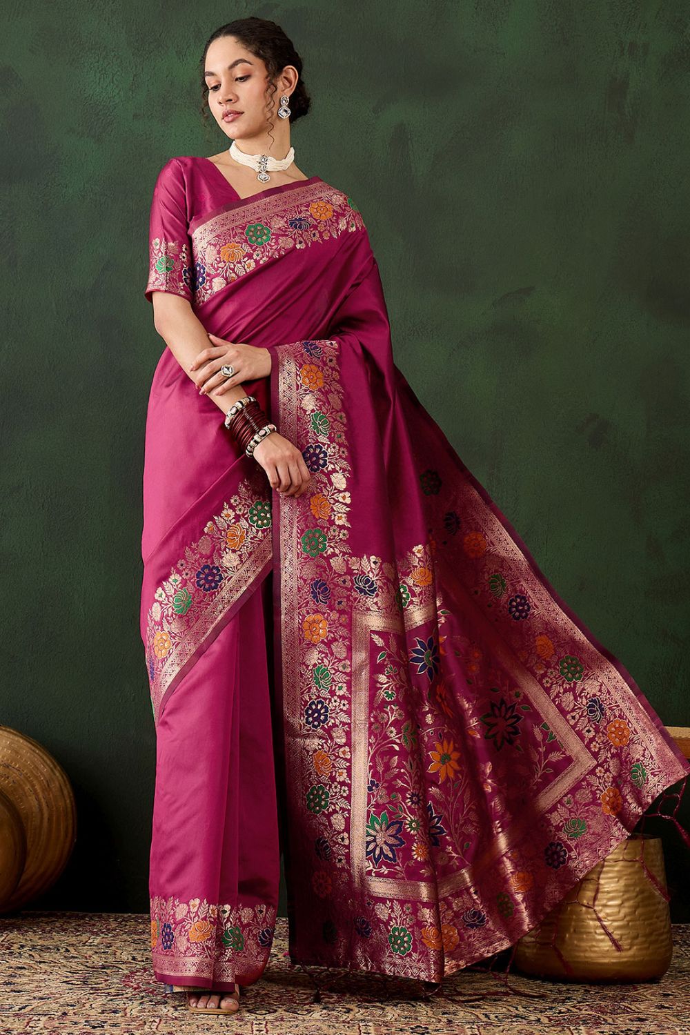 Rani Pink Poly Silk Woven Party Wear Saree