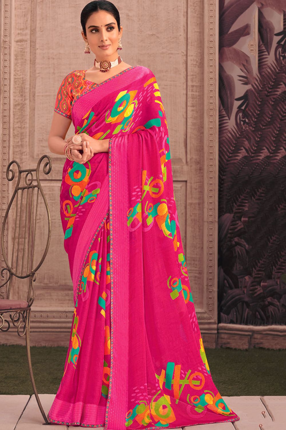 Rani Pink Printed Georgette Casual Wear Saree