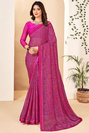 Rani Pink Printed Chiffon Casual Wear Saree