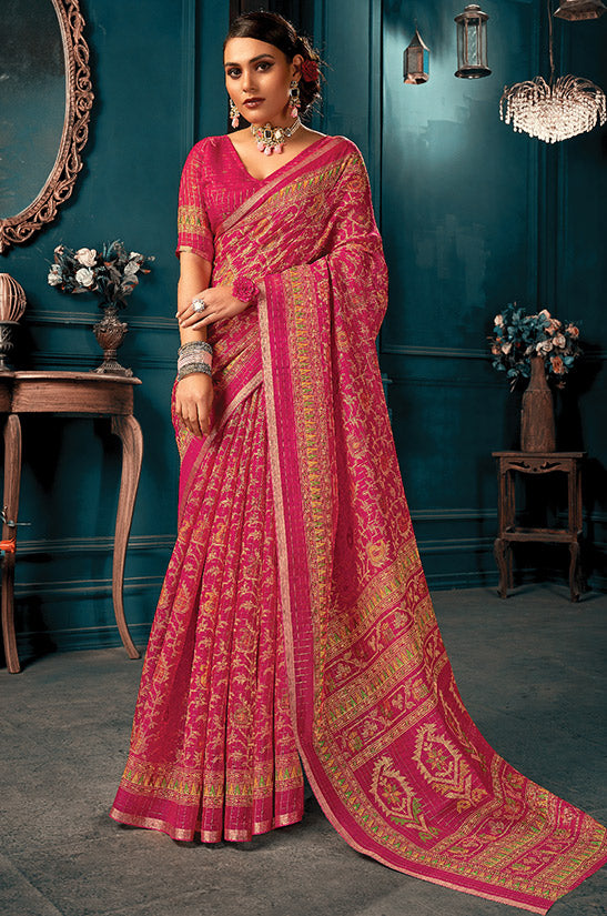 Rani Pink Printed Cotton Casual Wear Saree