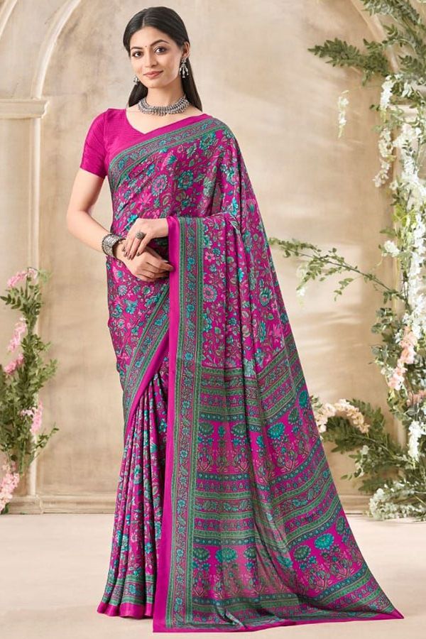 Rani Pink Printed Silk Crepe Saree for Party