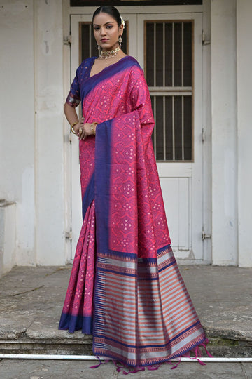 Rani Pink Raw Silk Zari Woven for Party