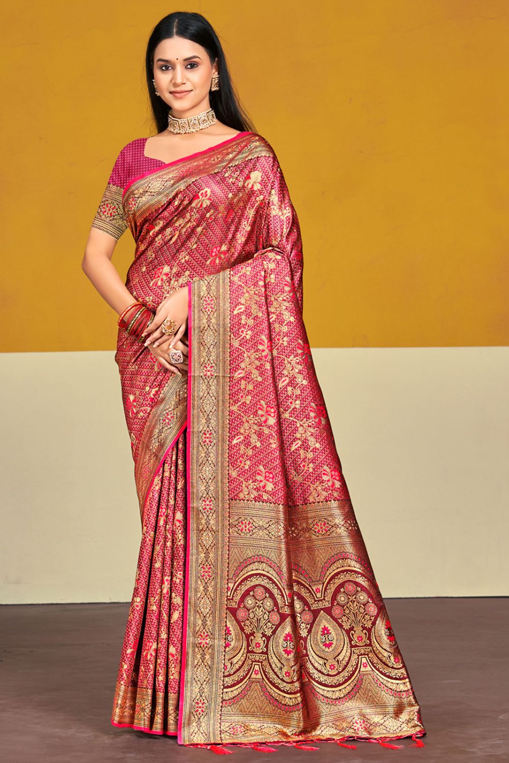 Rani Pink Satin Silk Woven Saree