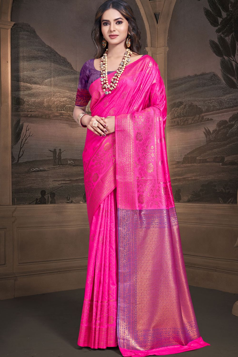 Rani Pink Silk Woven Work Saree