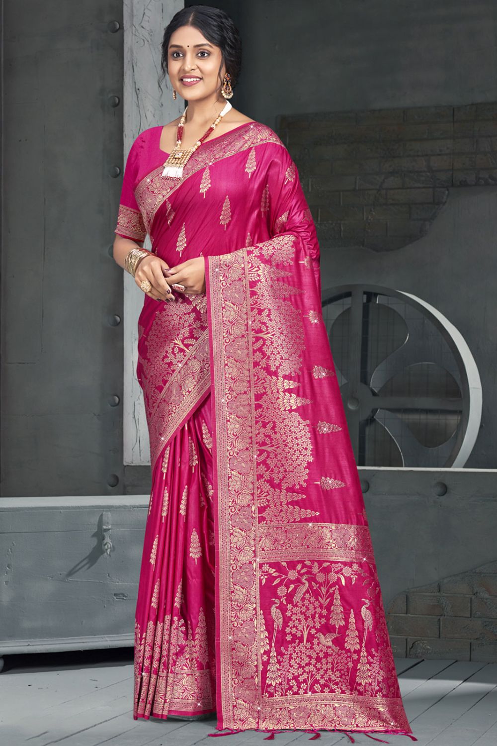 Rani Pink Silk Woven Work Saree