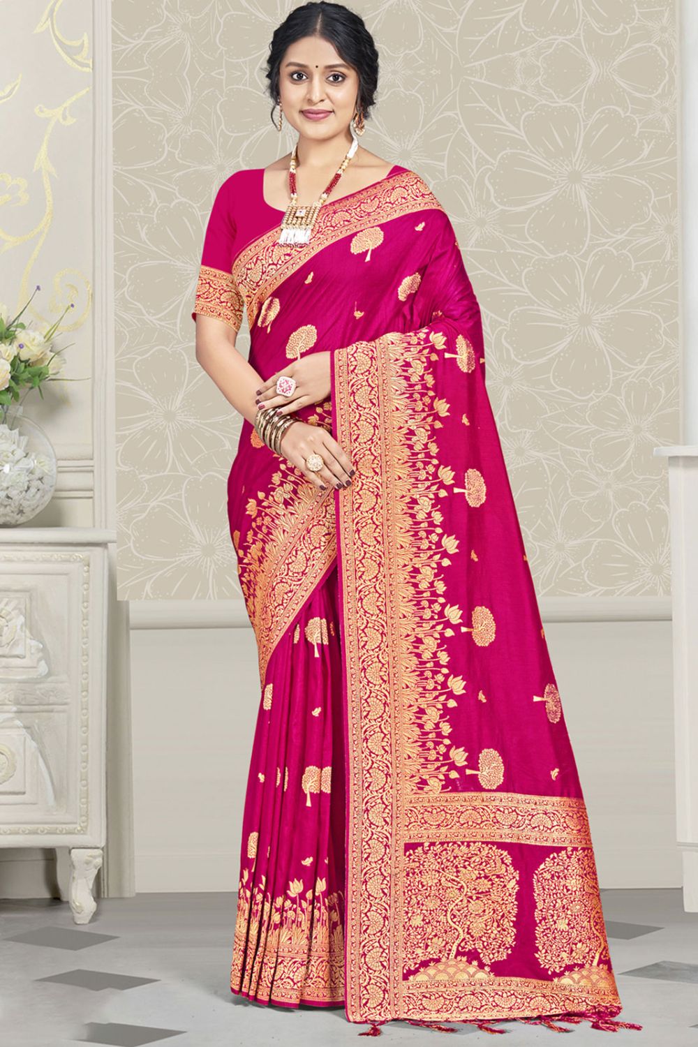 Rani Pink Silk Woven Work Saree