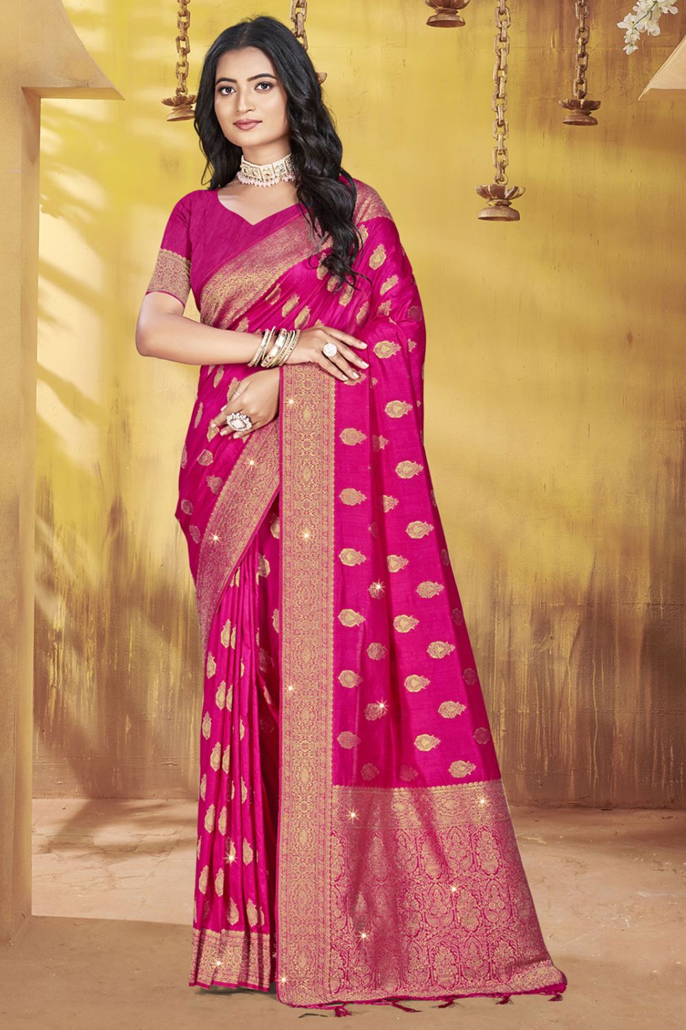 Rani Pink Silk Woven Work Saree