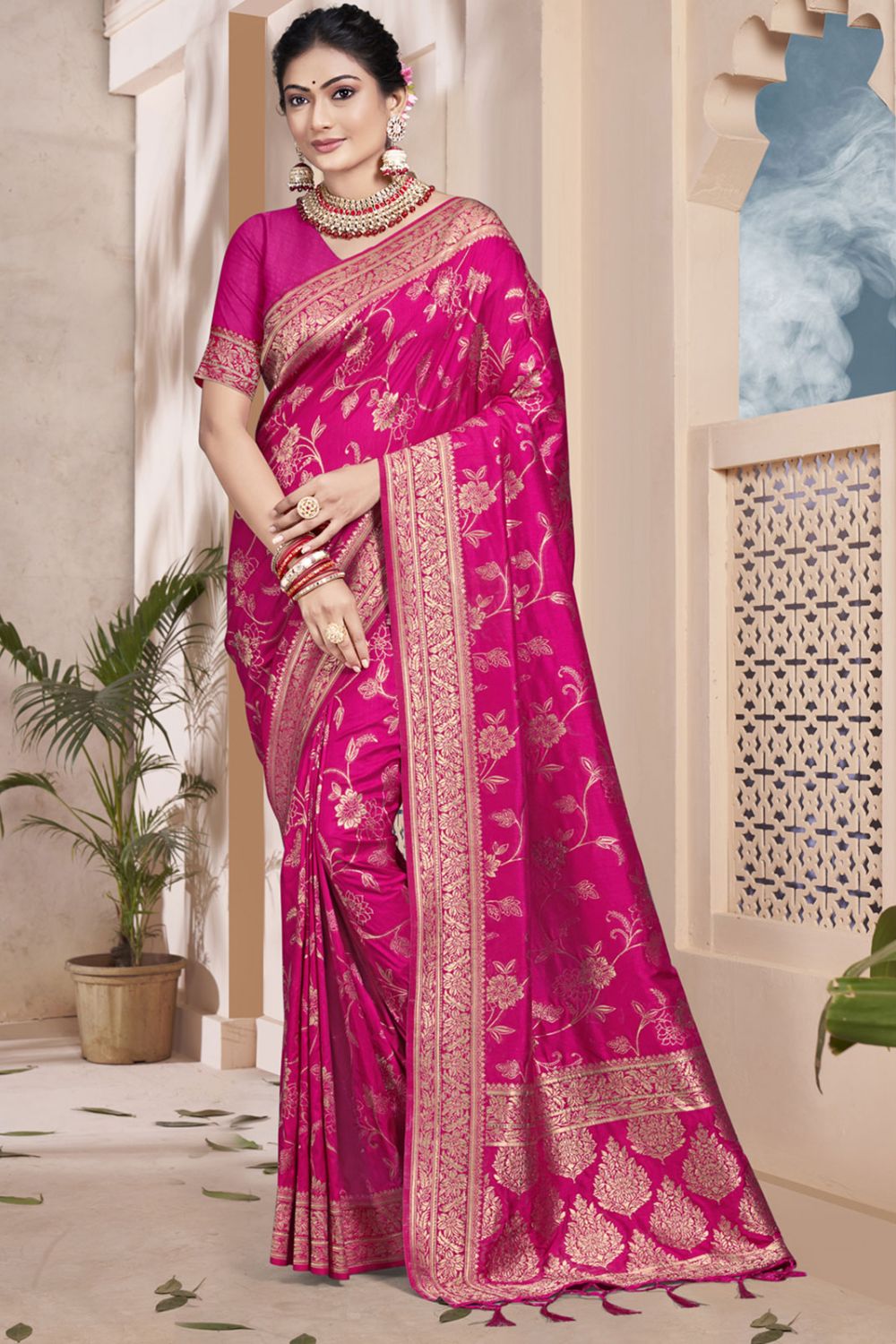 Rani Pink Silk Woven Work Saree