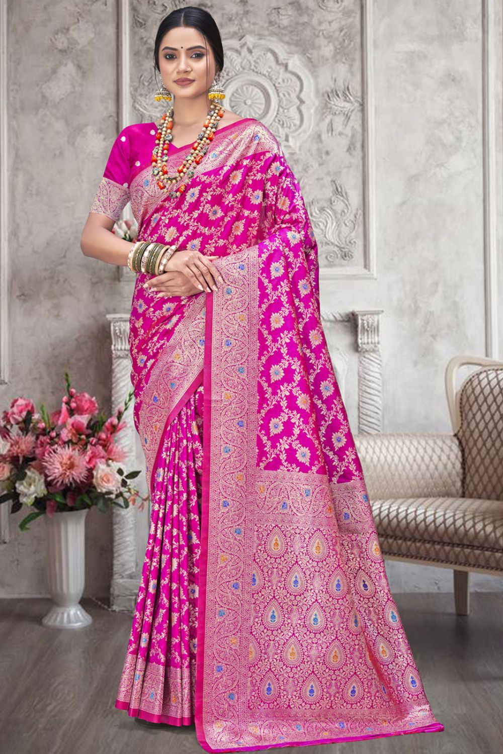 Rani Pink Silk Woven Work Saree