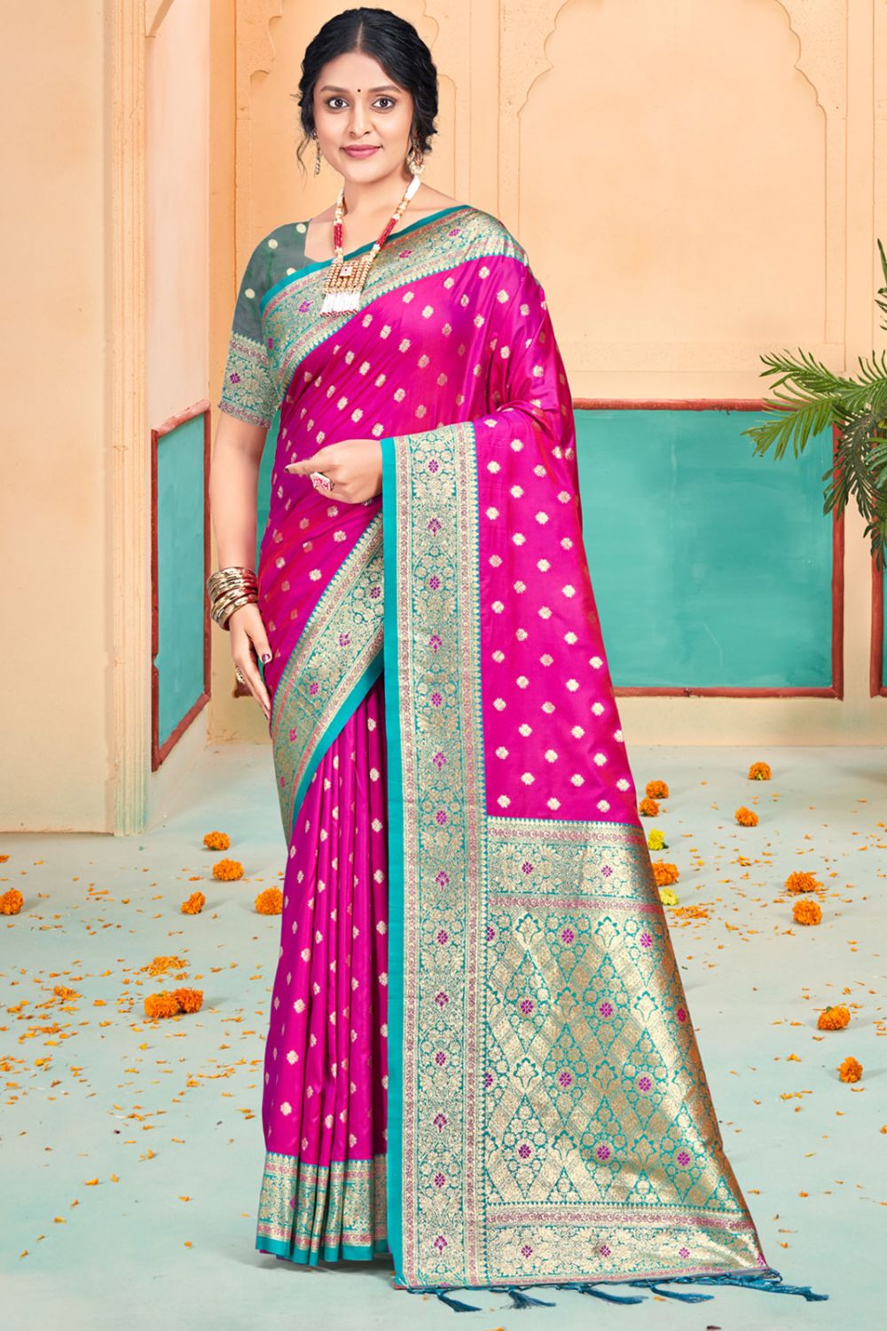 Rani Pink Silk Woven Work Saree