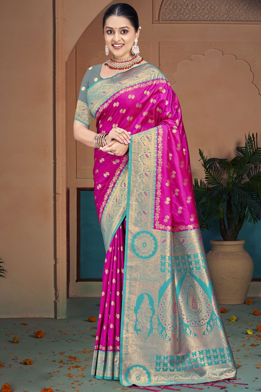 Rani Pink Silk Woven Work Saree