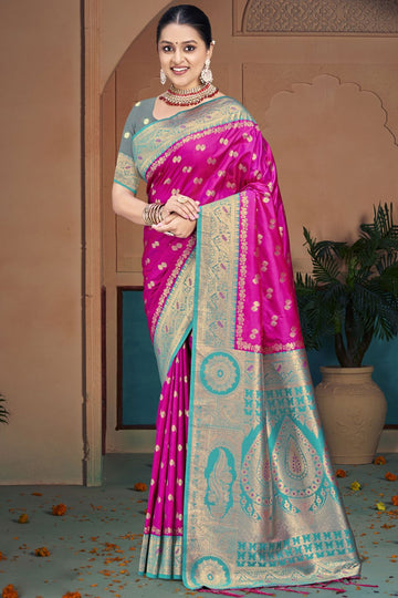 Rani Pink Silk Woven Work Saree for Ceremonial