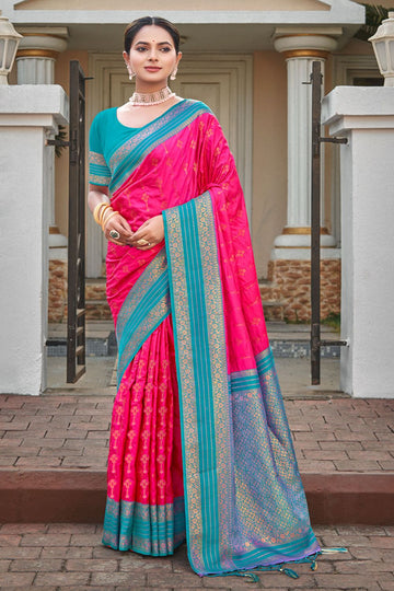 Rani Pink Zari Weaving Work Silk Saree