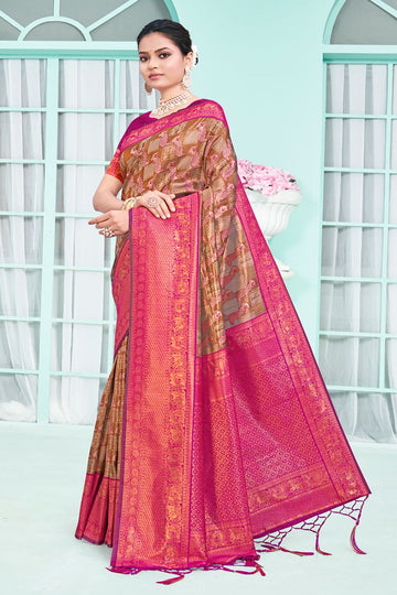 Rani Pink Zari Weaving Work Silk Saree