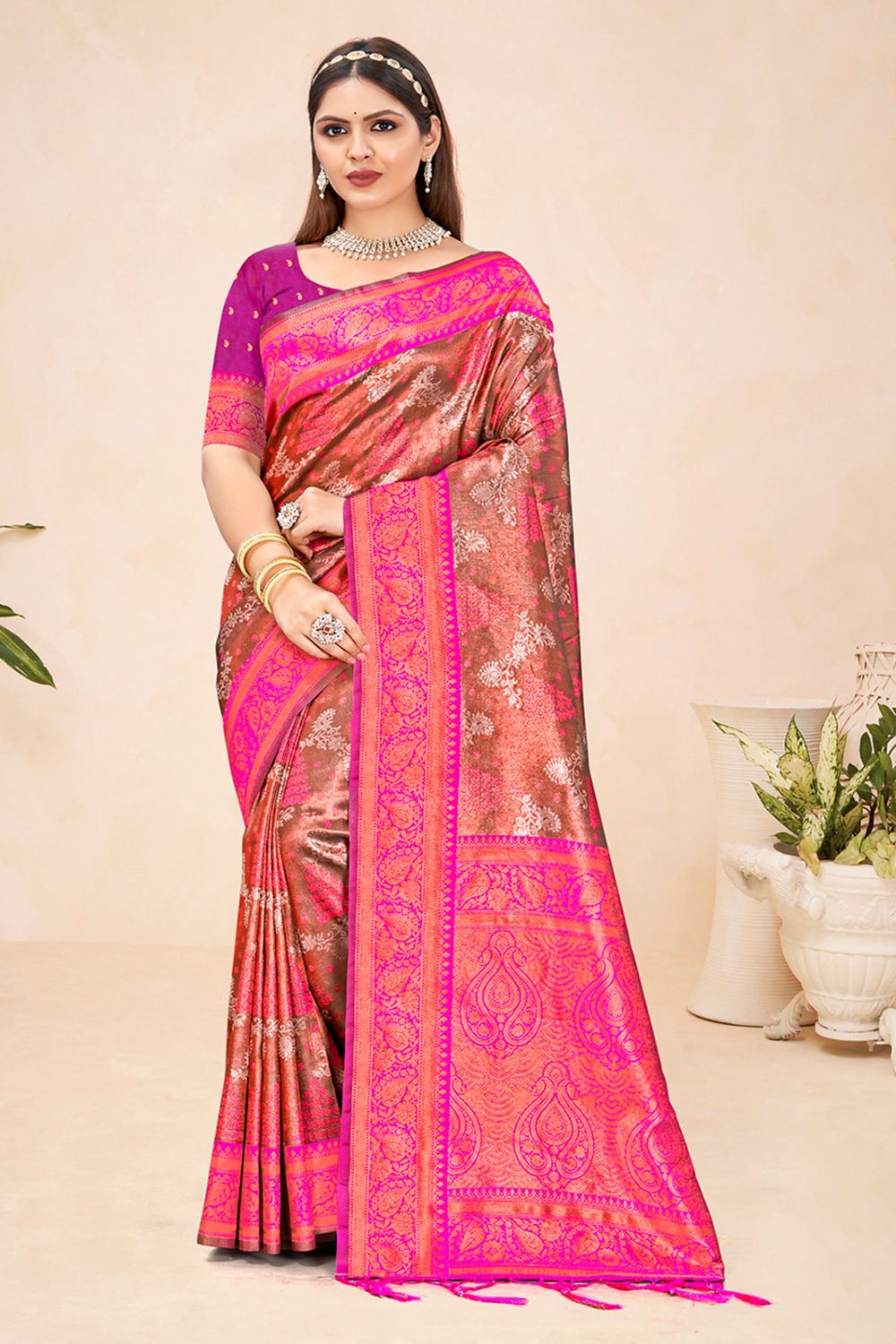 Rani Pink Silk Zari Woven Saree