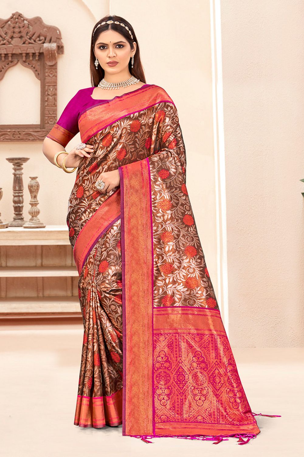 Rani Pink Silk Zari Woven Saree