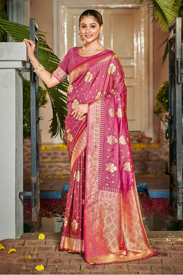 Rani Pink Zari Weaving Work Silk Saree