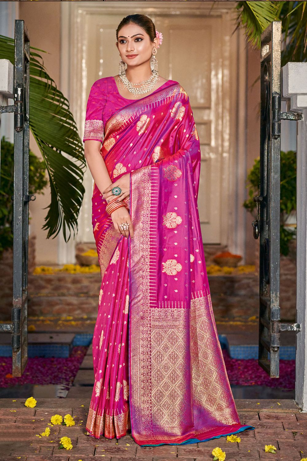 Rani Pink Silk Zari Woven Saree