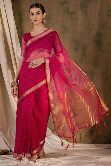 Rani Pink Silk Zari Woven Party Wear Saree