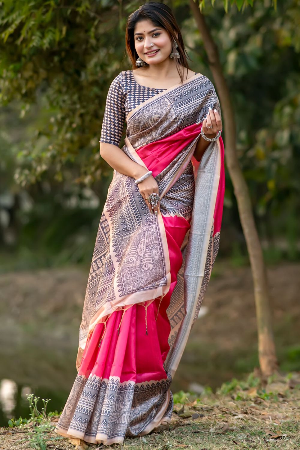 Rani Pink Soft Tussar Silk Party Wear Saree