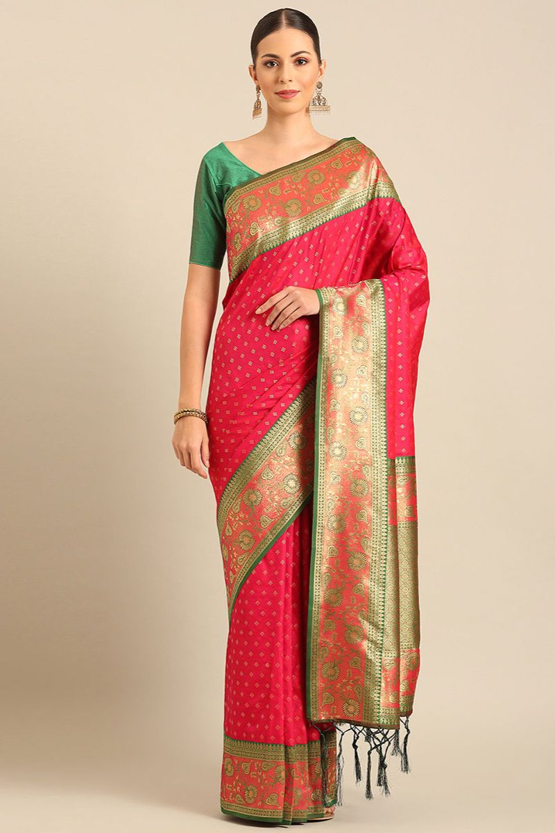 Rani Pink Woven Banarasi Silk Saree