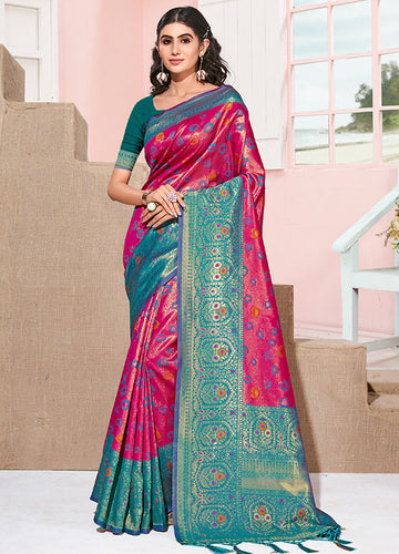 Rani Pink Woven Kanjivaram Silk Saree for Festival