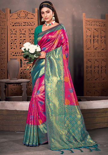 Rani Pink Woven Kanjivaram Silk Saree for Festival