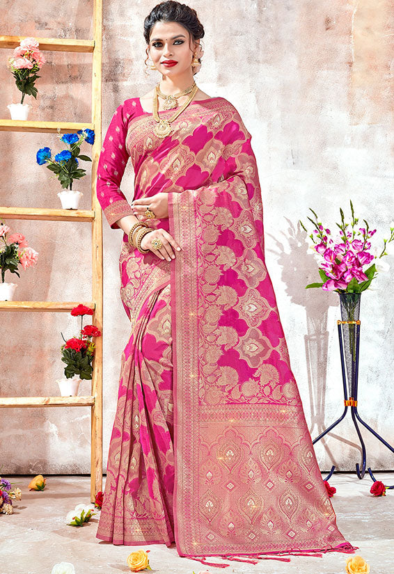 Rani Pink Woven Organza Saree for Party