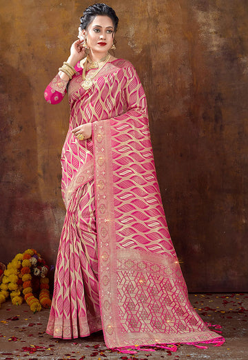 Rani Pink Woven Organza Saree for Party