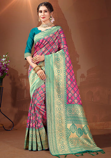 Rani Pink Woven Patola Silk Saree for Party