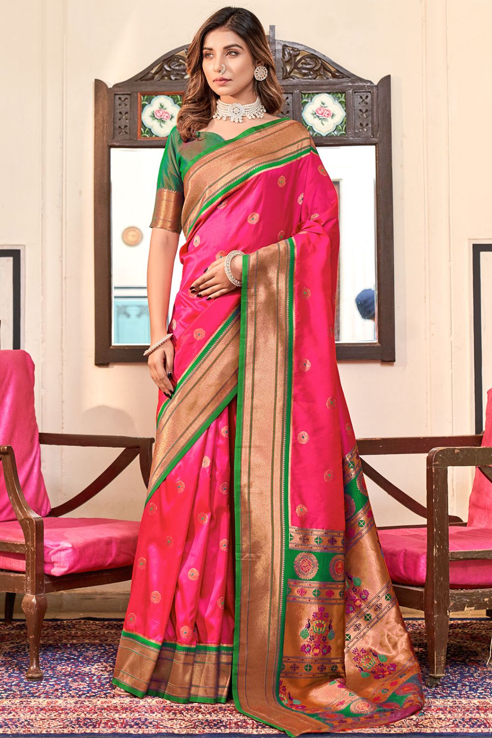 Rani Pink Peshwai Paithani Silk Saree