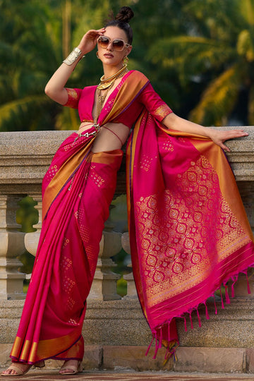 Rani Pink Woven Silk Designer Party Wear Saree