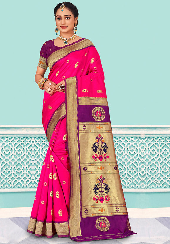 Rani Pink Woven Silk Saree for Party