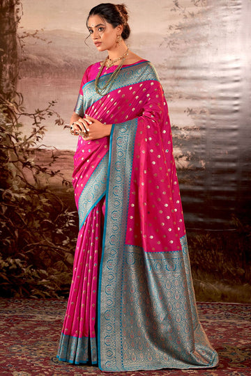 Rani Pink Zari Weaving Work Banarasi Silk Saree for Wedding