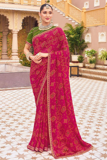 Raspberry Pink Bandhani Print Georgette Chiffon Saree for Party