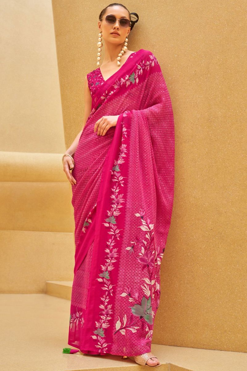 Raspberry Pink Georgette Saree with Floral Print